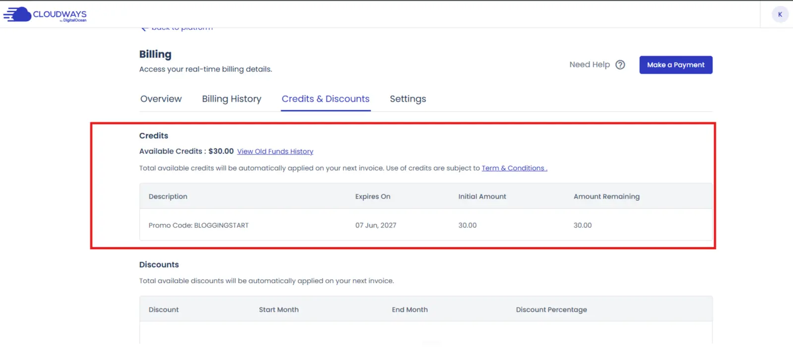 Cloudways billing dashboard showing a 30 dollar available credit associated with promo code BLOGGINGSTART